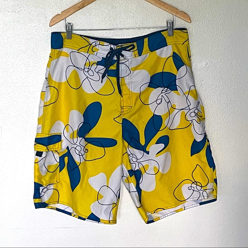 Kanu Board Shorts Mens Size 36 Swim Trunks Suit Yellow Blue White Tie Front